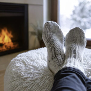 A pair of warm knitted socks is resting on a plush fabric footstool, with a crackling fireplace glowing in the background, creating a cozy winter atmosphere. There is a window and snow outside